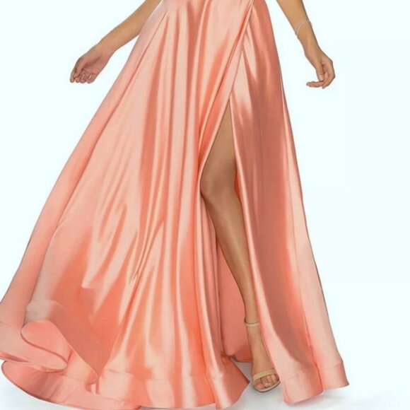 La Femme Peach Strapless Slit Satin Ballgown - Picture 2 of 4